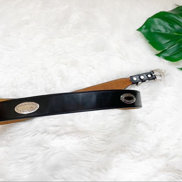 BRIGHTON black leather BOHO belt silver oval 40 - Picture 5 of 8